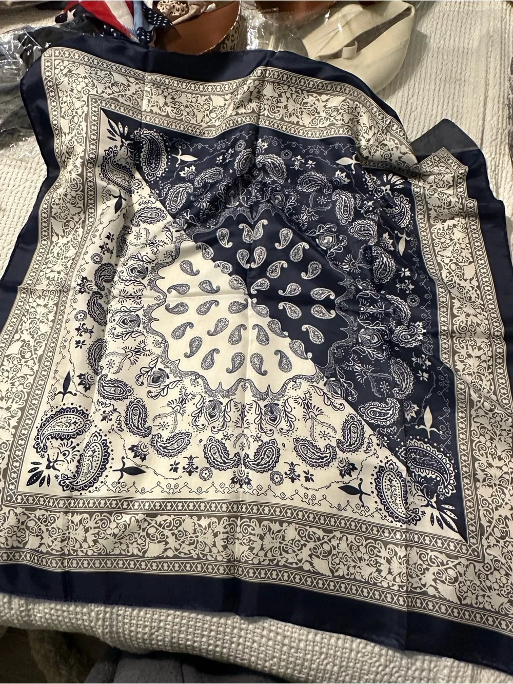 Navy & Cream Paisley Bandana-Pattern scarf
